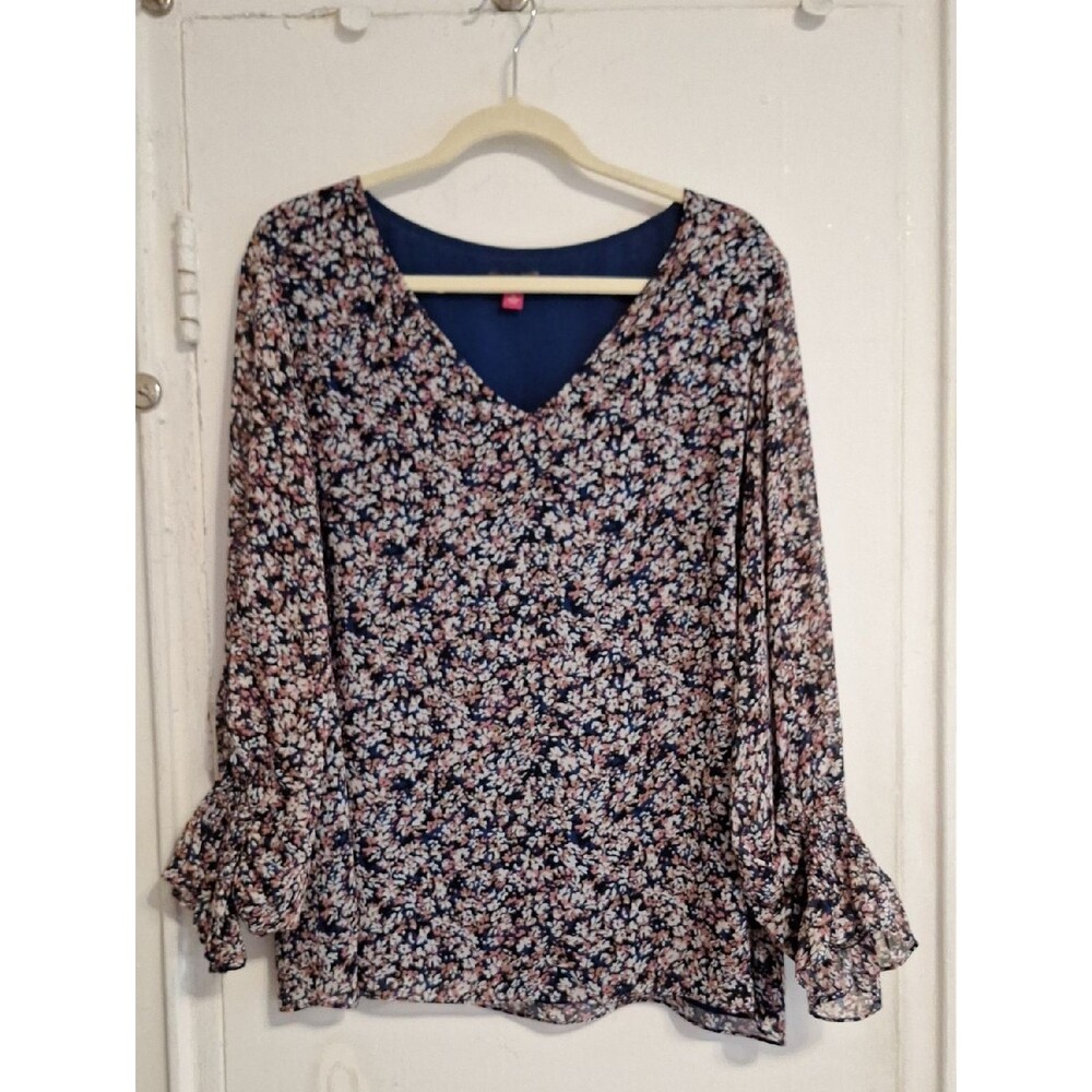 Vince Camuto Navy Floral V-Neck Ruffle Sleeve Blouse